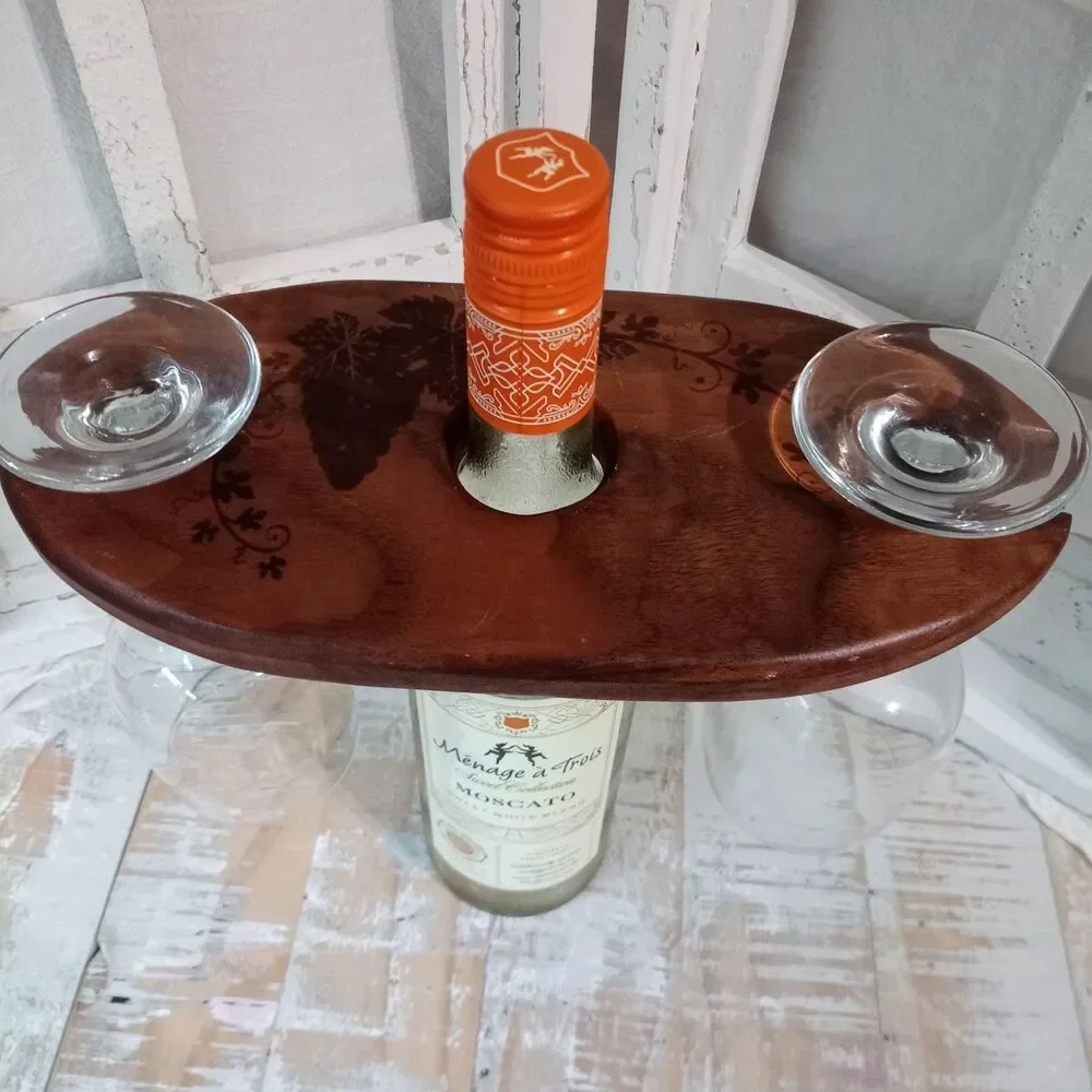 Monkey Pod Wood Wine Butler Caddy Glass Holder Laser Engraved Grapes Gift 10